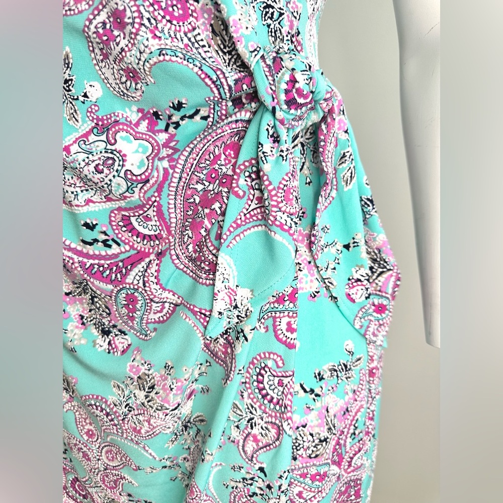 Signature by Robbie Bee Paisley Short Sleeve Faux Wrap Dress W/ Tie Waist Size L - Picture 3 of 7